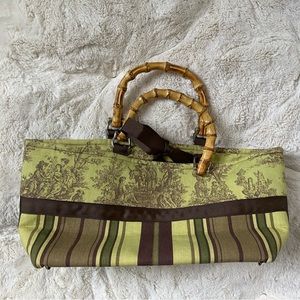 Pretty wood handle lime green and brown tapestry bag by Tickled Pink